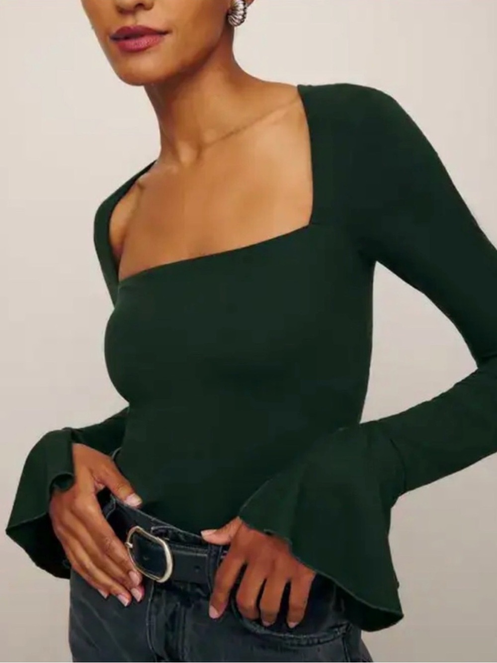 REFORMATION Lucca Knit Top Forest Dark Green Long-Sleeve Square Neck Top Small